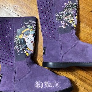 NEW Ed Hardy Women's Vibrant Purple Winter Bling Boots Kiss of Death Geisha